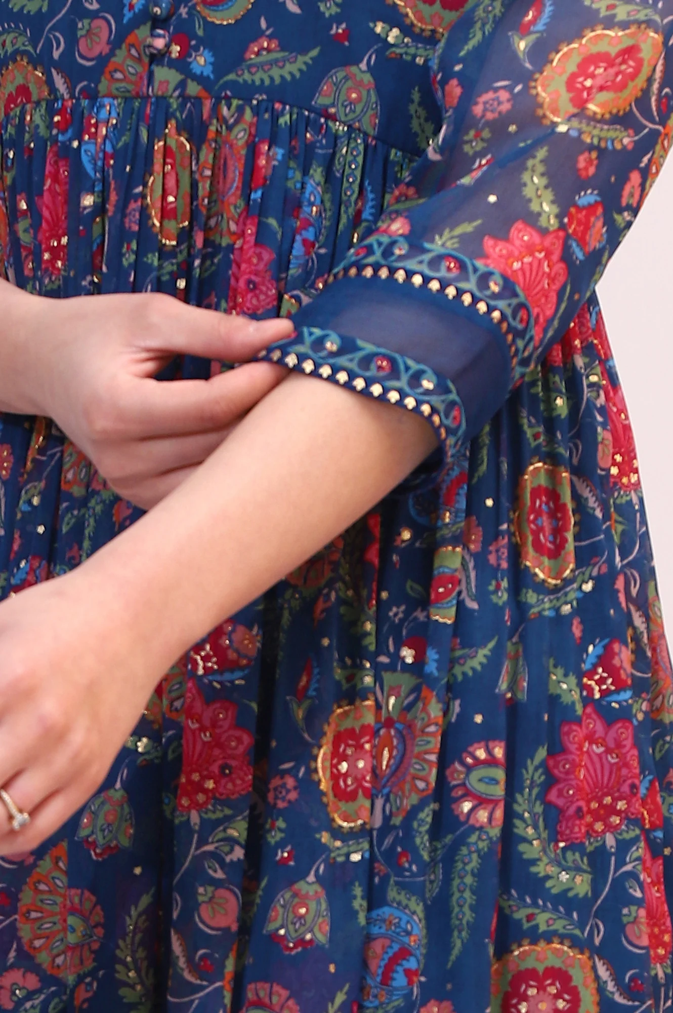 Blue Chintz Floral Printed Chiffon Anarkali Kurta, Straight Pants and Dupatta Set - Image 7