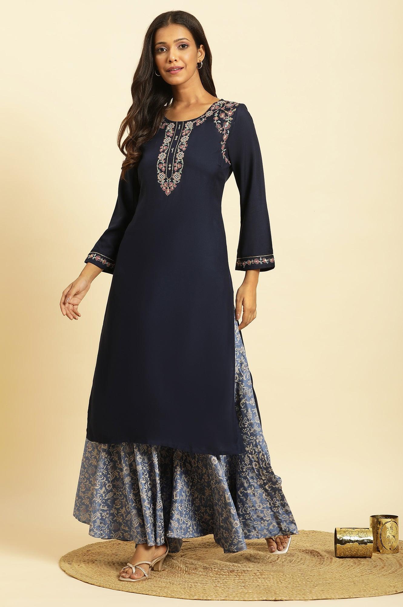 Blue Chunky Thread Embroidered Straight Festive Kurta - Image 2