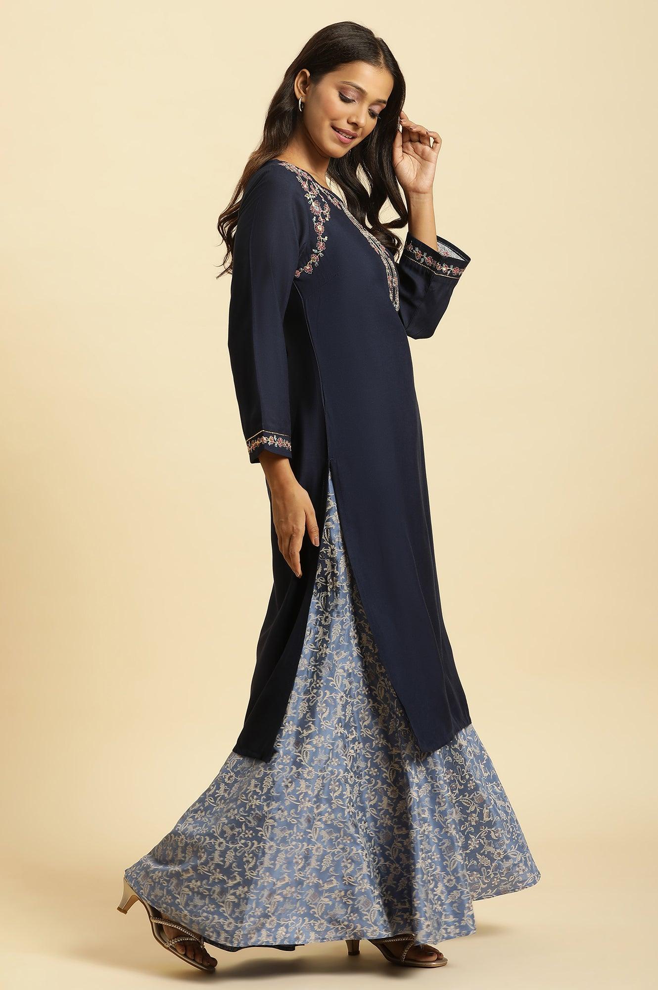 Blue Chunky Thread Embroidered Straight Festive Kurta - Image 4