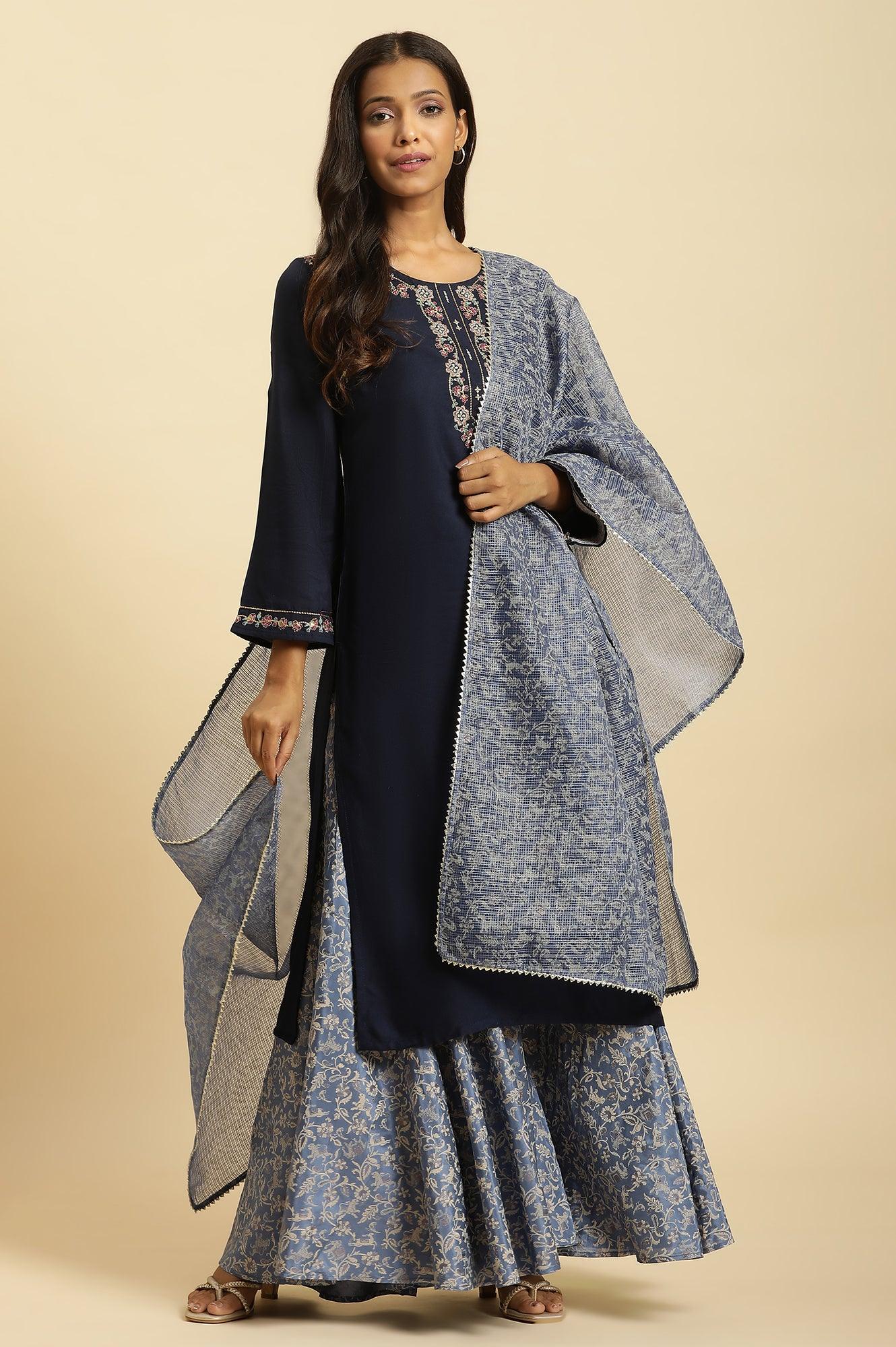 Blue Chunky Thread Embroidered Straight Festive Kurta - Image 6