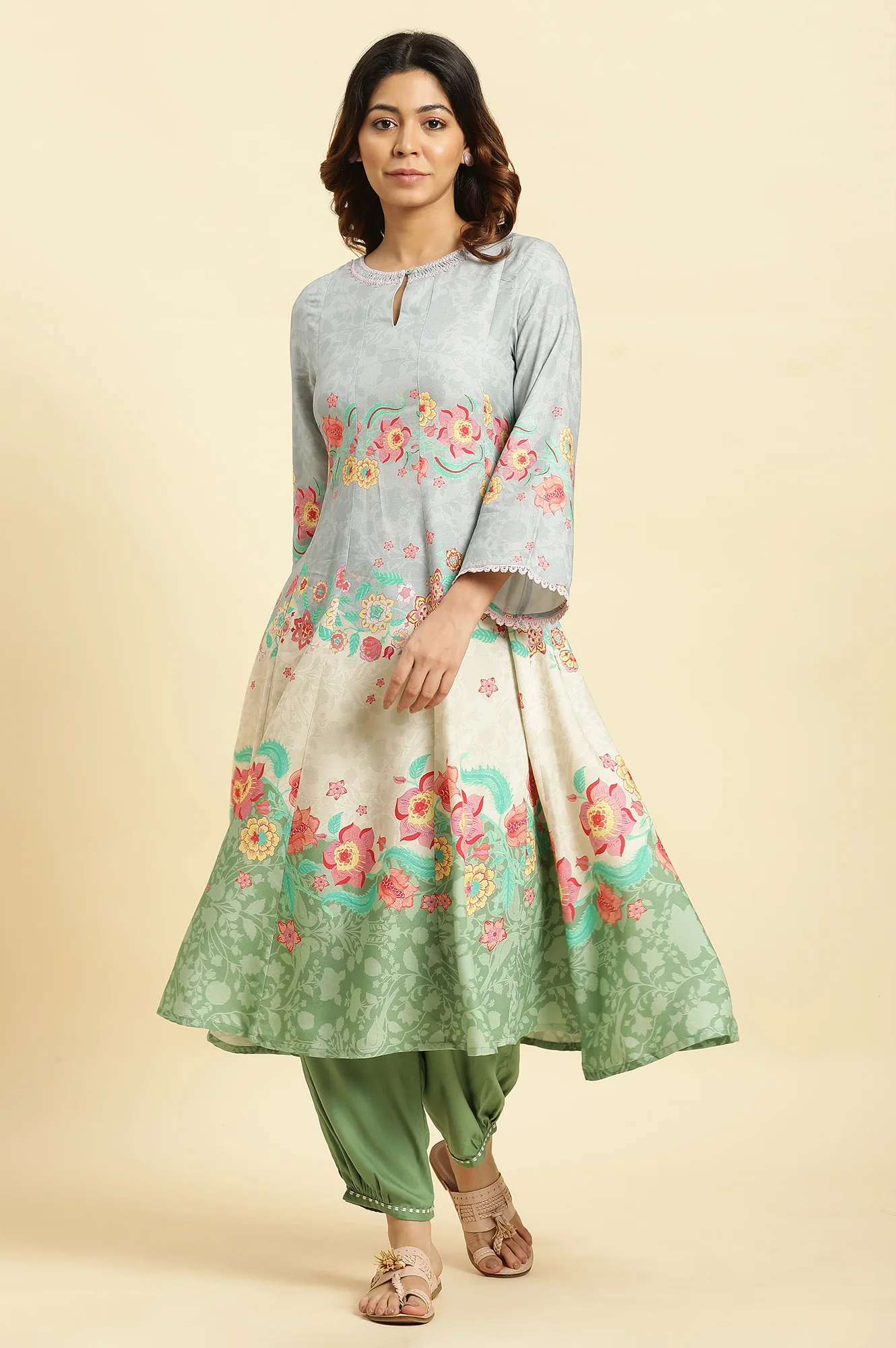 Blue Colour Blocked Printed Flared Kurta - Image 2