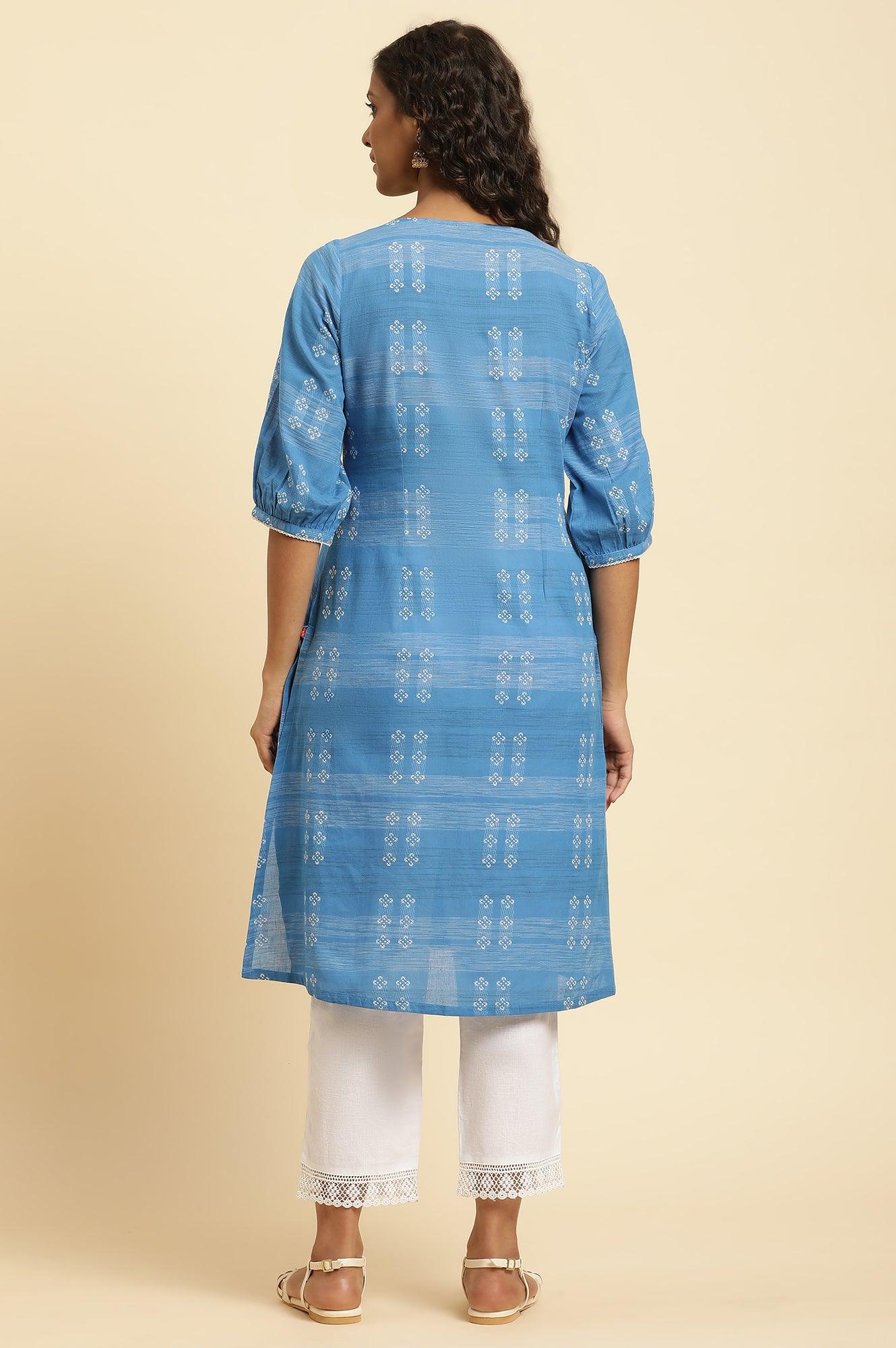 Blue Cotton Dobby A-Line Kurta - Image 4