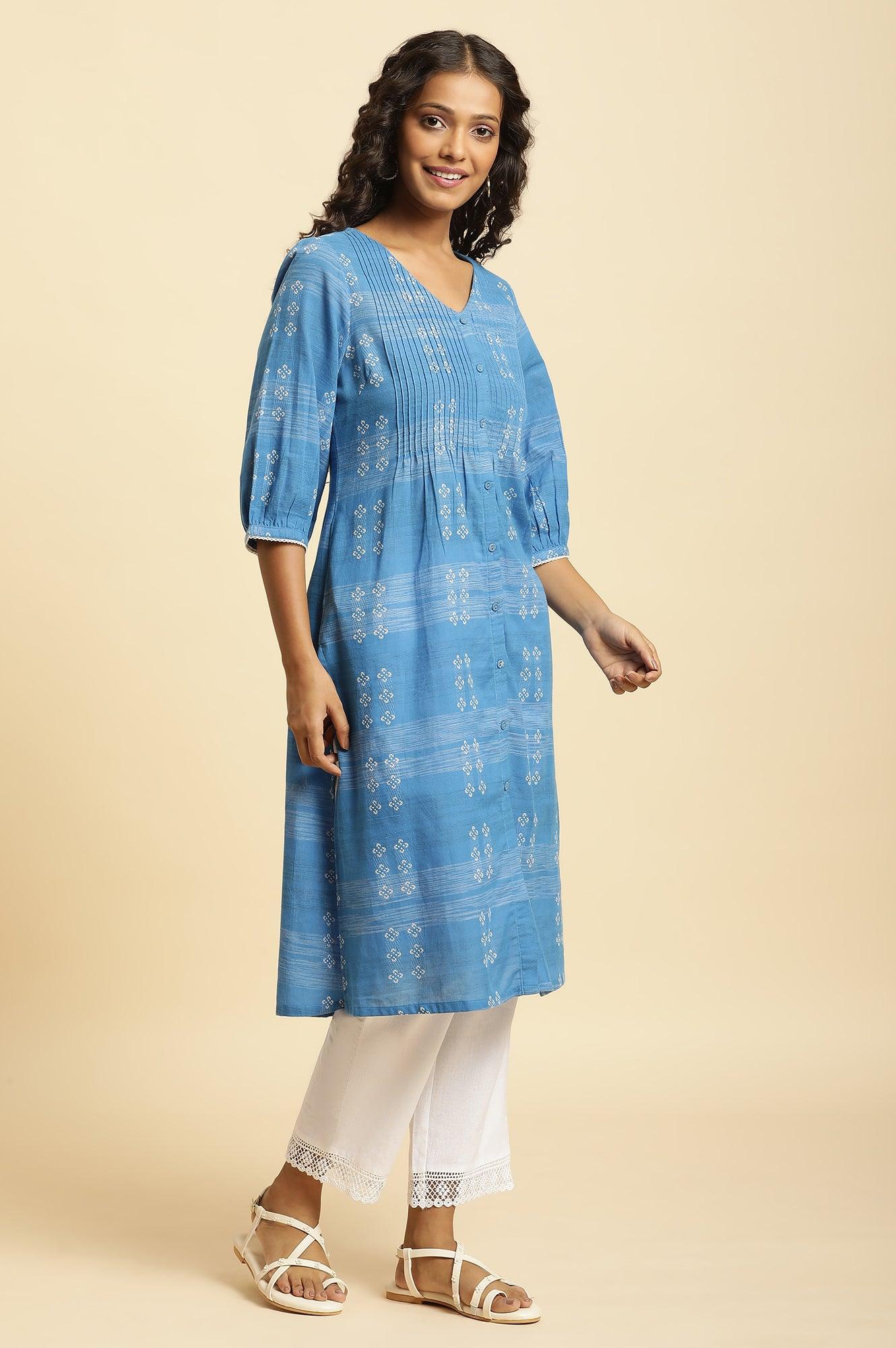 Blue Cotton Dobby A-Line Kurta - Image 5