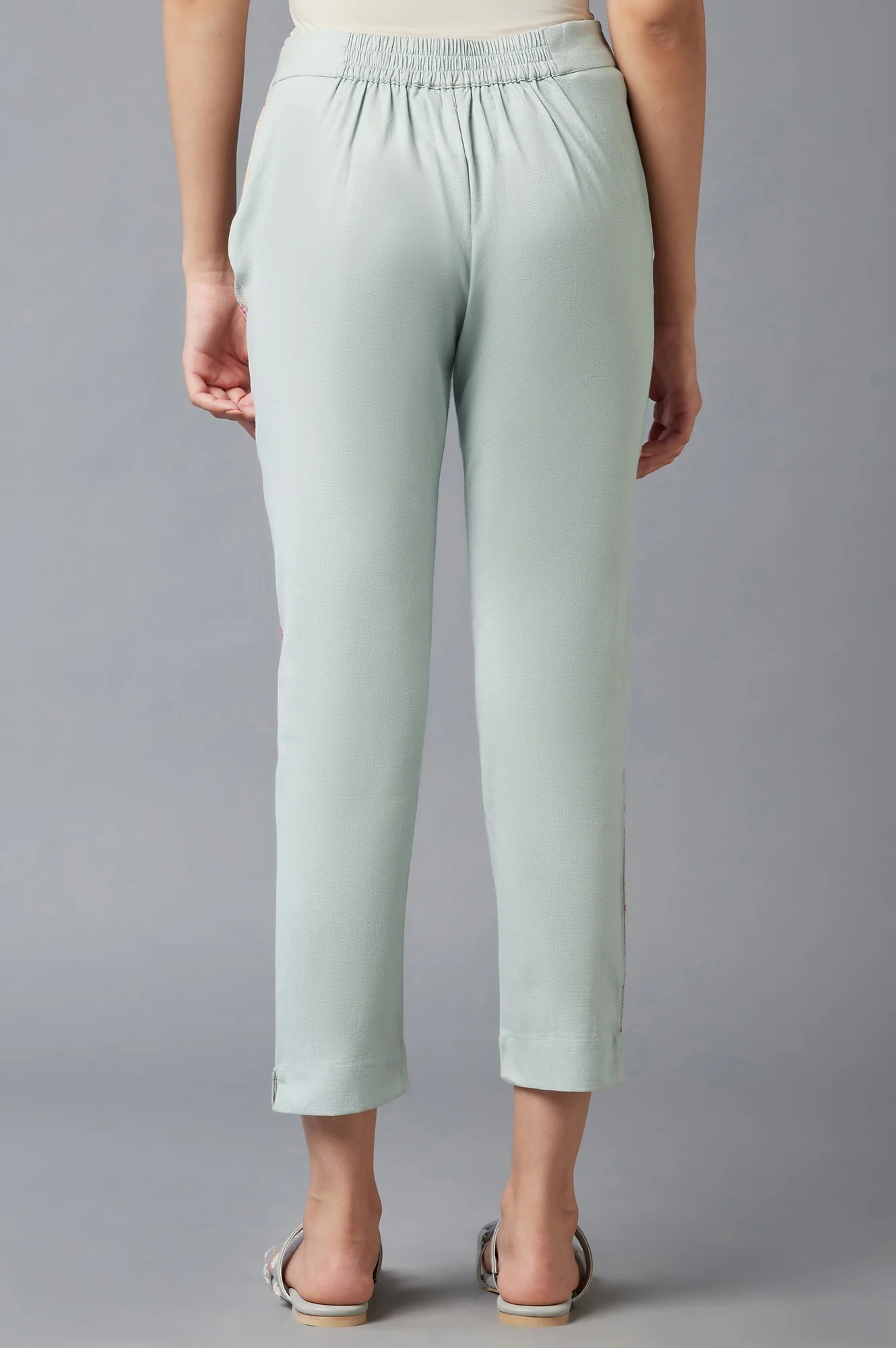 Blue Cotton Flax Solid Slim Pants - Image 2