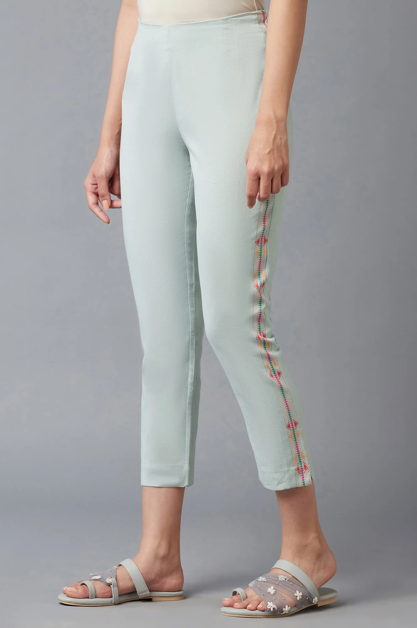 Blue Cotton Flax Solid Slim Pants - Image 3