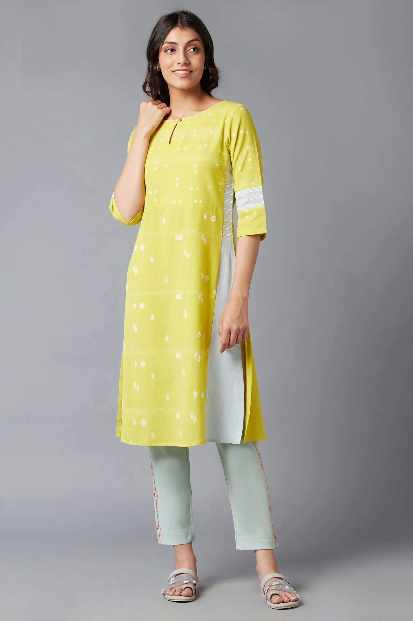 Blue Cotton Flax Solid Slim Pants - Image 5