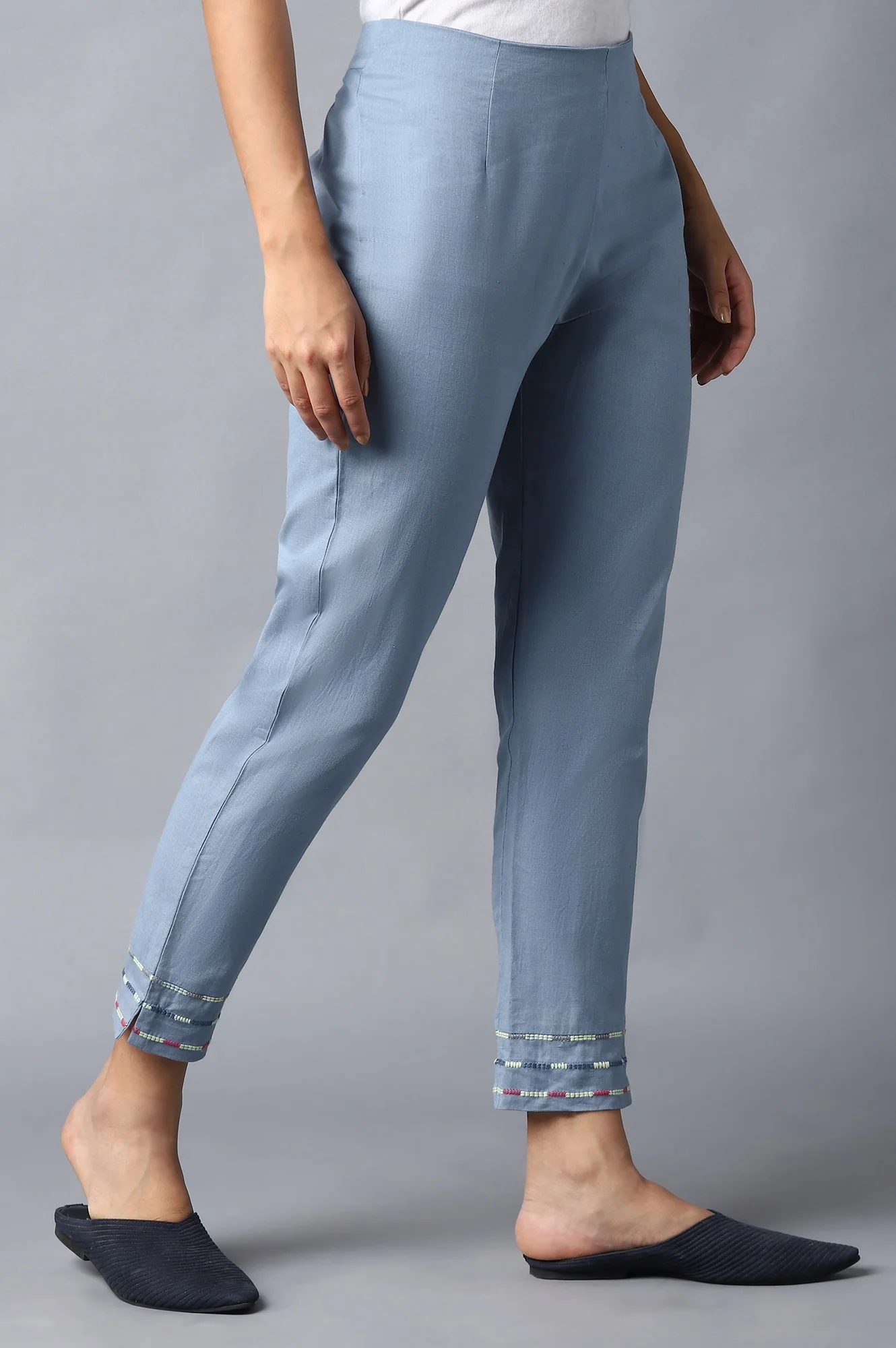Blue Cotton Flax Solid Slim Pants - Image 4