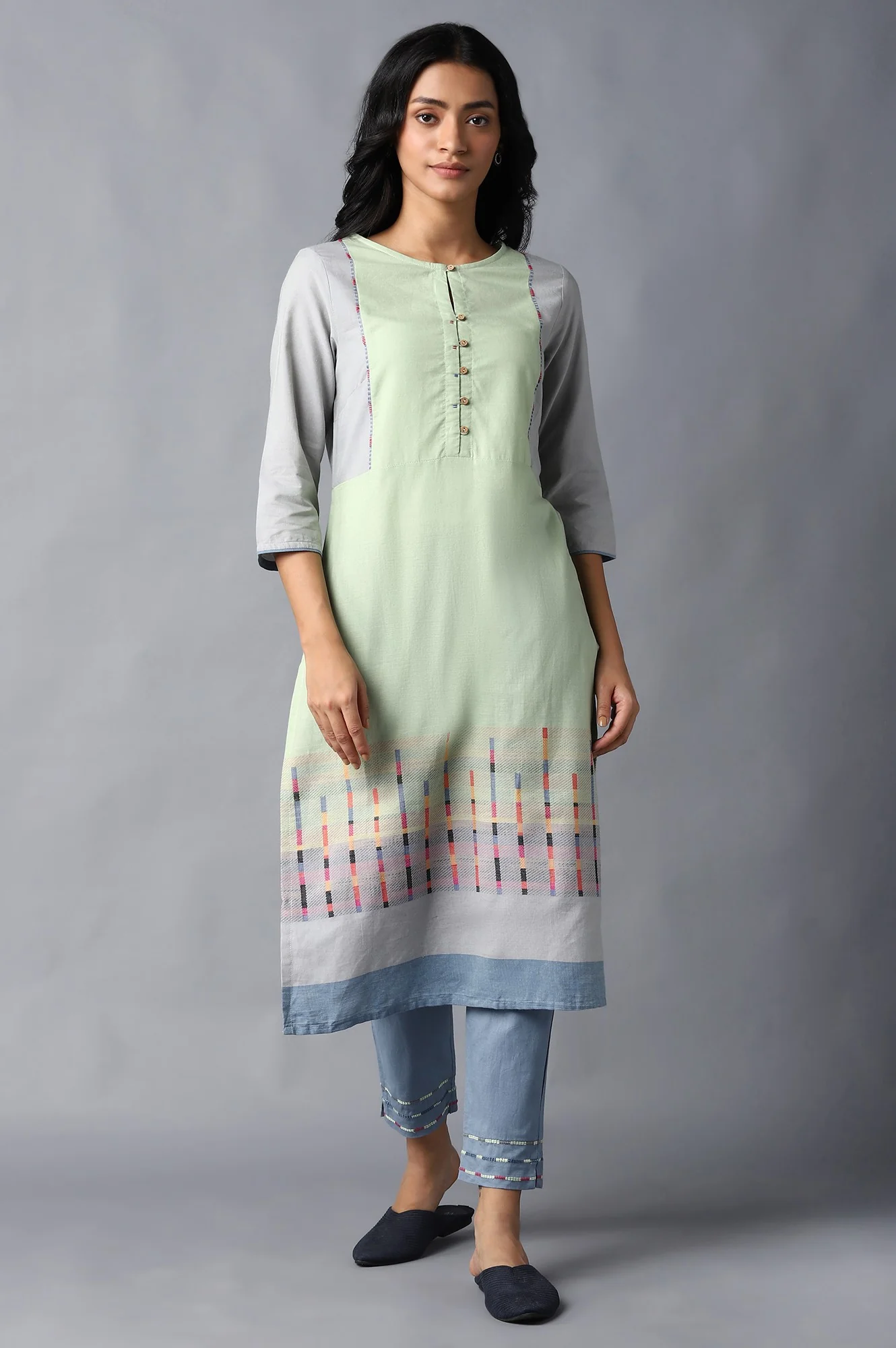 Blue Cotton Flax Solid Slim Pants - Image 5