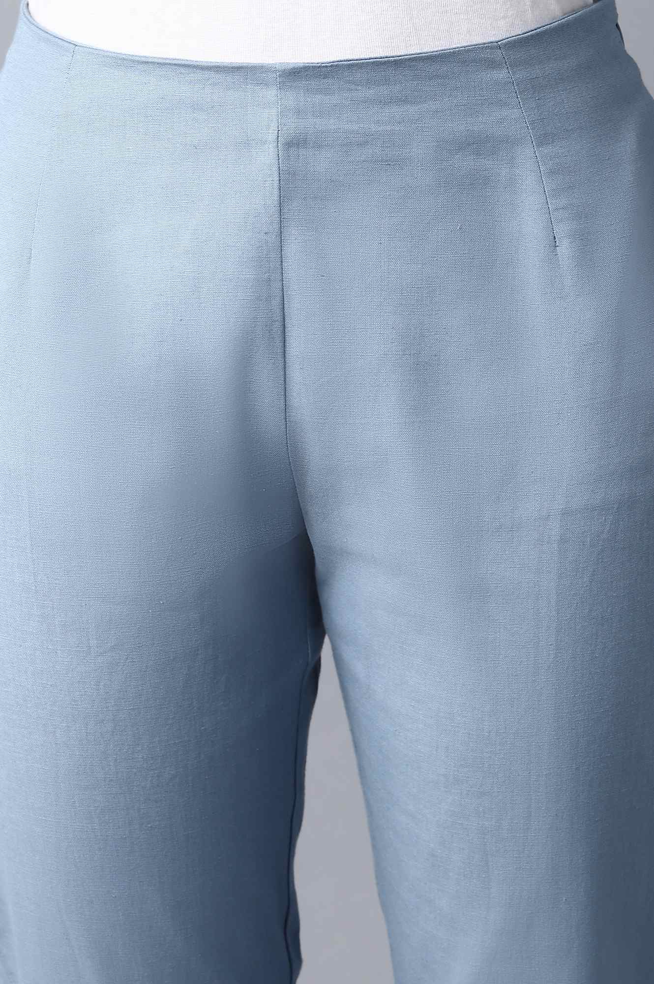 Blue Cotton Flax Solid Slim Pants - Image 6