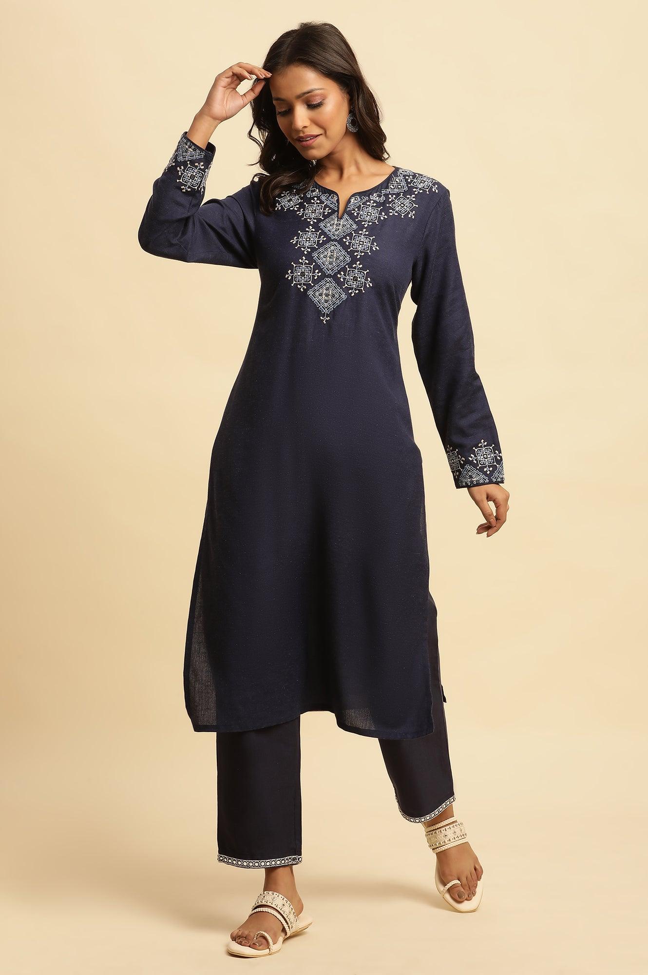 Blue Cotton Flax Straight Pants With Embroidery - Image 5