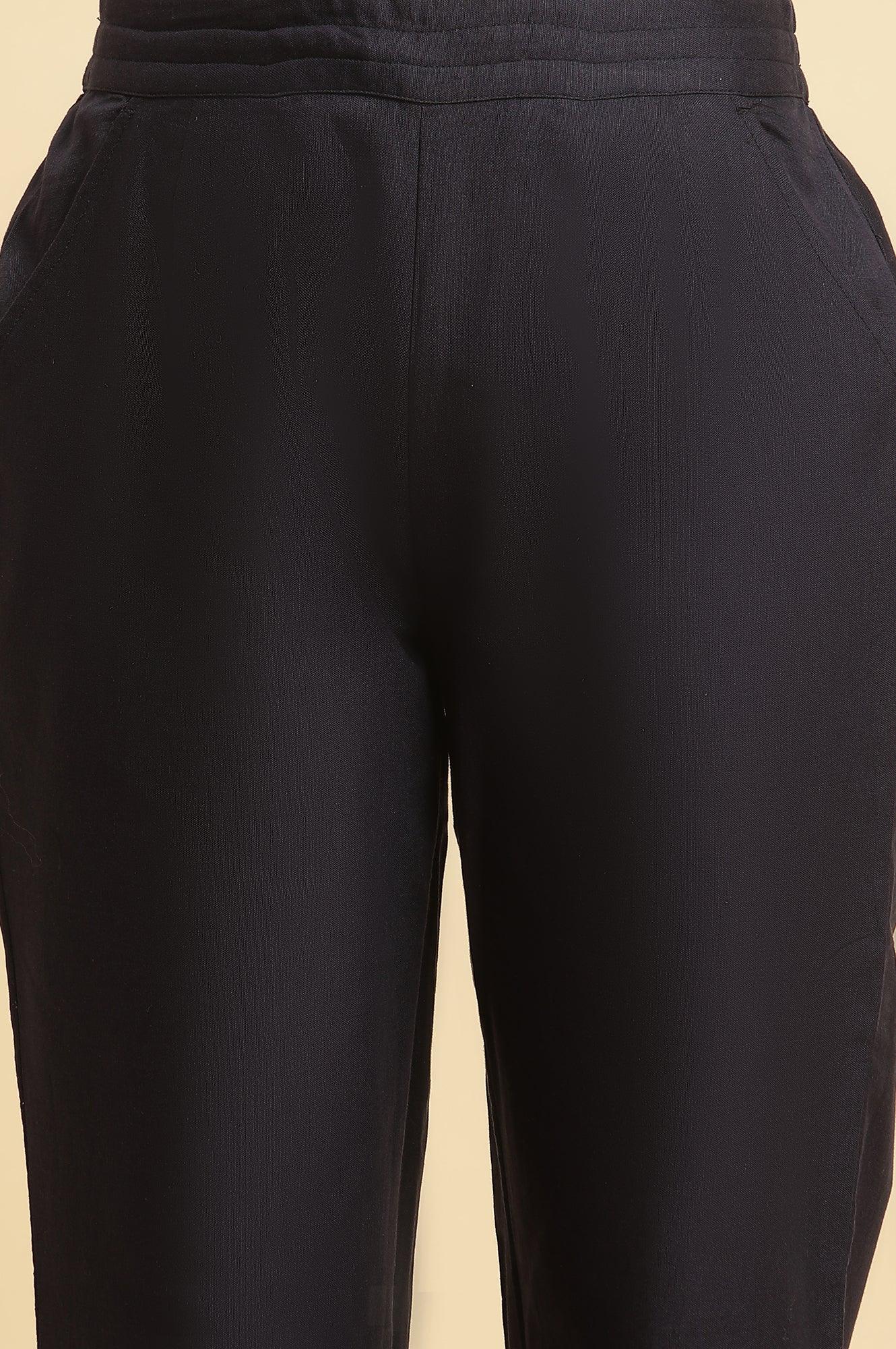 Blue Cotton Flax Straight Pants With Embroidery - Image 6