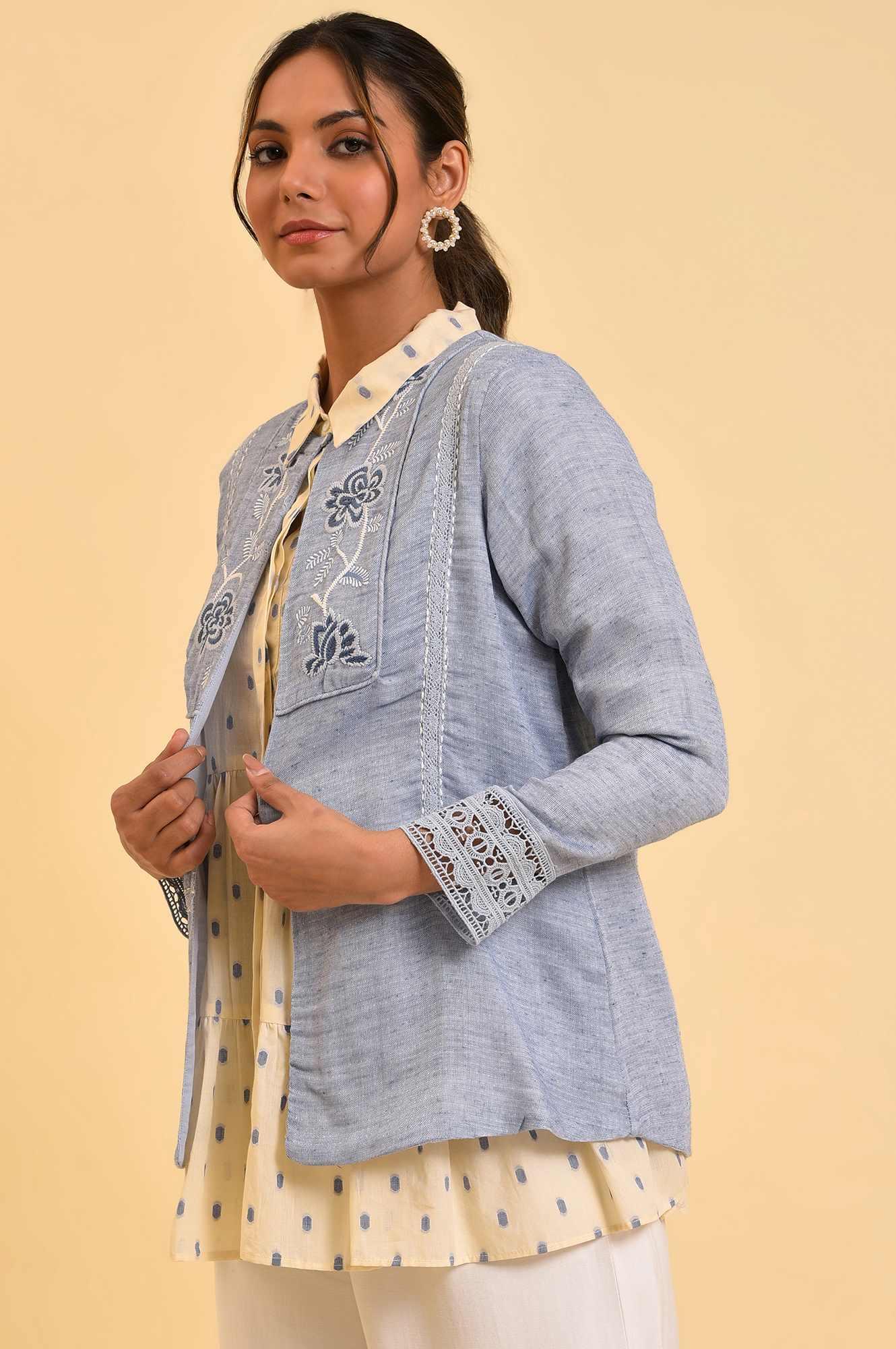 Blue Cotton Flax Summer Jacket - Image 3