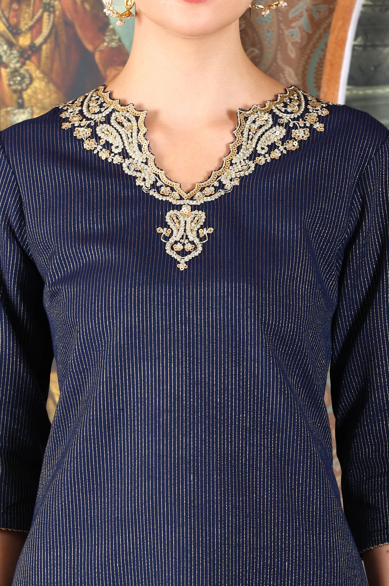 Blue Cotton Lurex Festive Kurta With Embroidered Neckine - Image 3