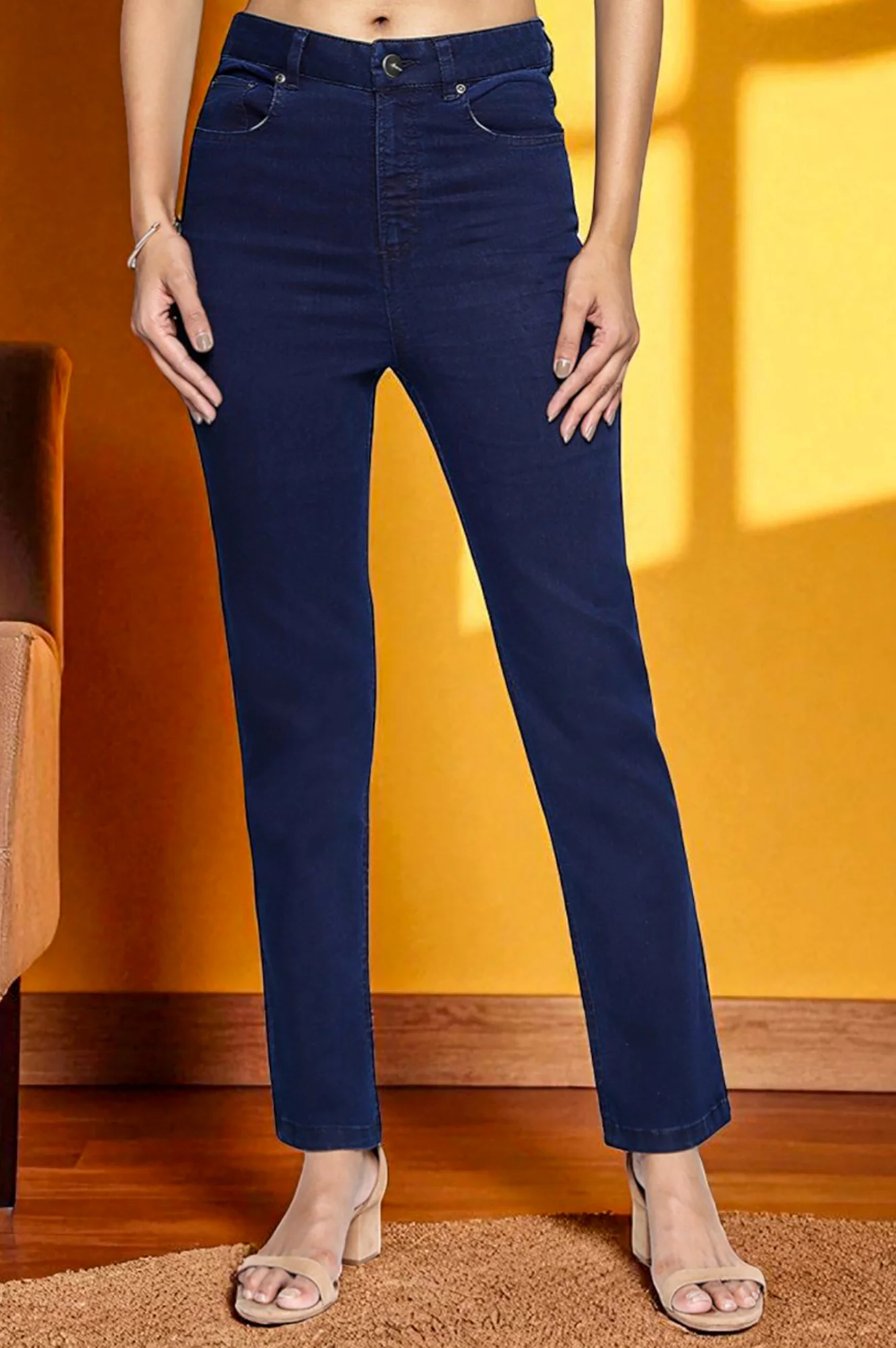 Blue Cotton Lycra Ankle Length Denim Straight Pants with YKK Zipper - Image 2