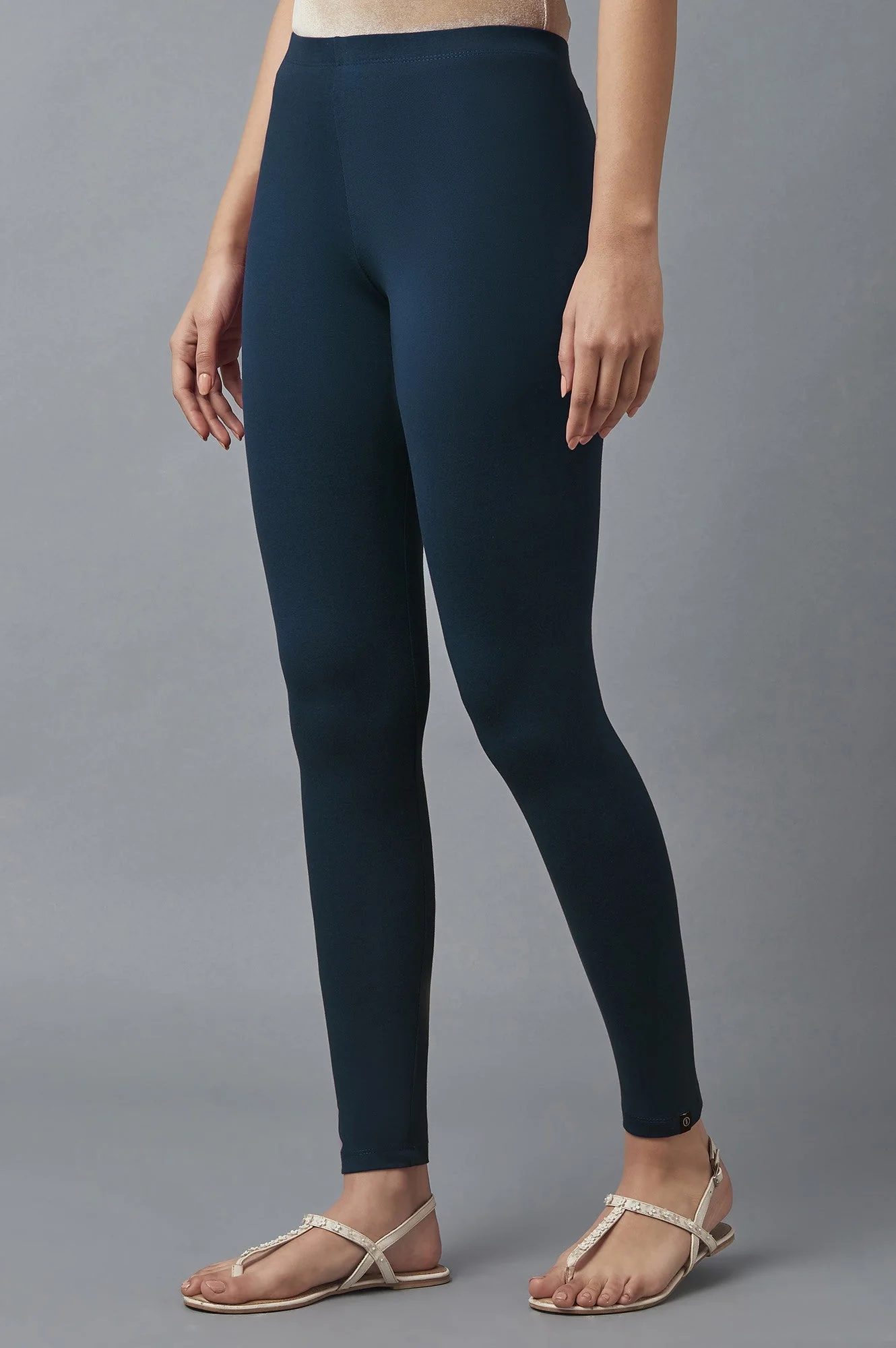 Navy Blue Solid Skinny Fit Cotton Tights With Elasticated Waist - Image 3