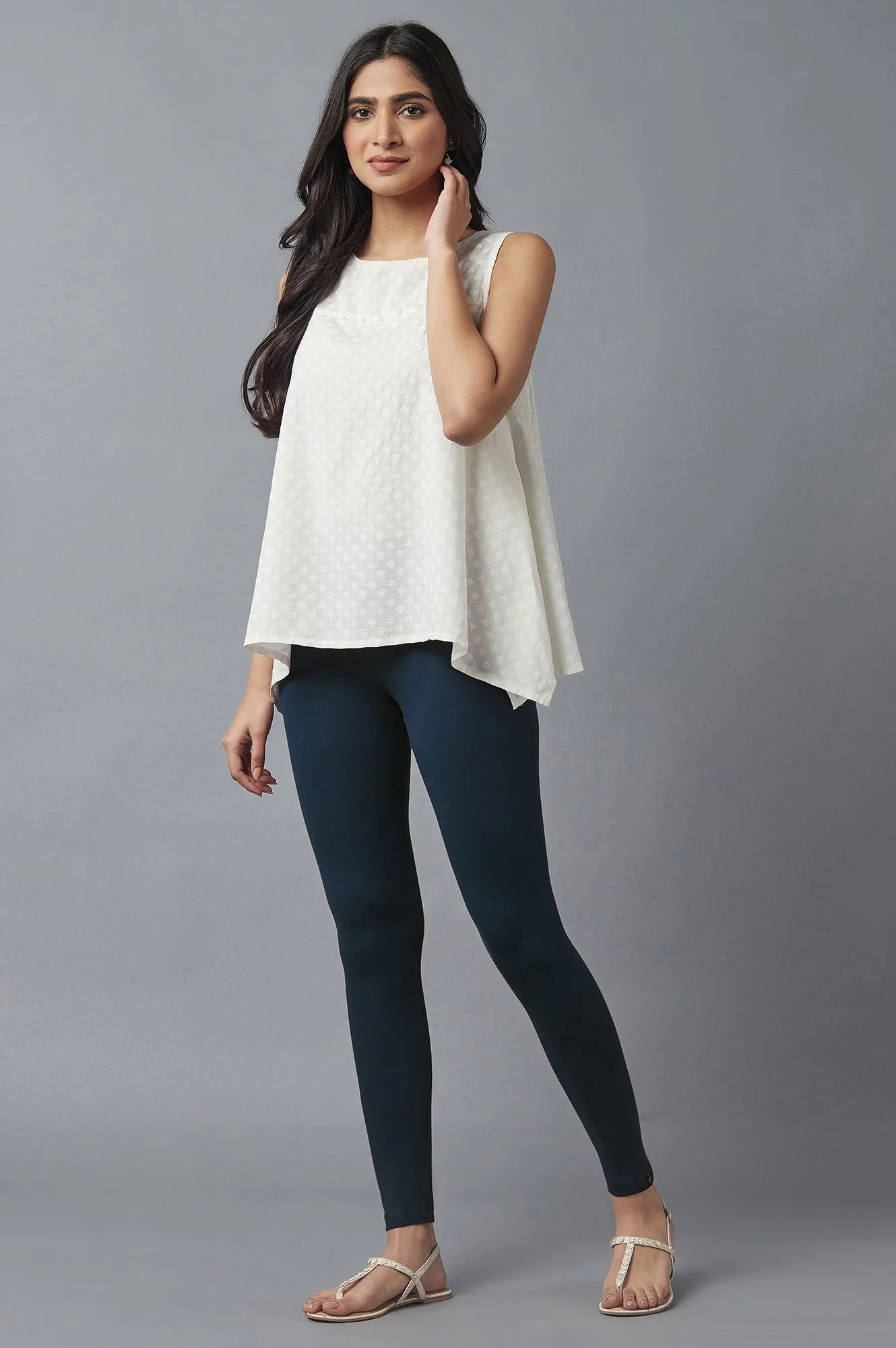 Navy Blue Solid Skinny Fit Cotton Tights With Elasticated Waist - Image 5
