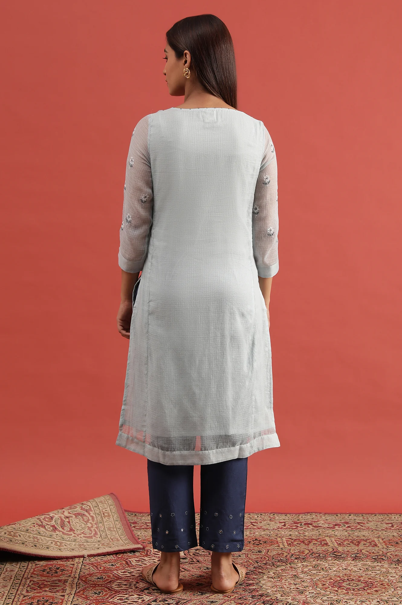 Blue Cotton Silk Kota Tepchi Embroidery Kurta - Image 4
