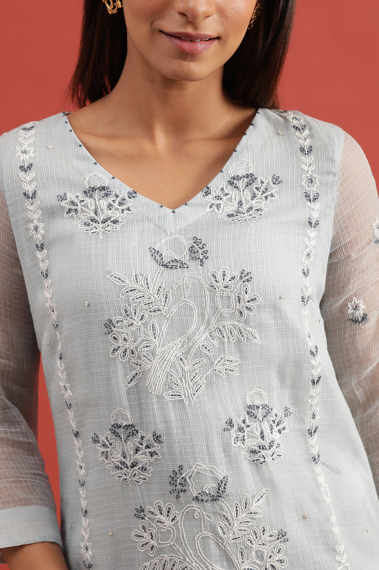 Blue Cotton Silk Kota Tepchi Embroidery Kurta - Image 6