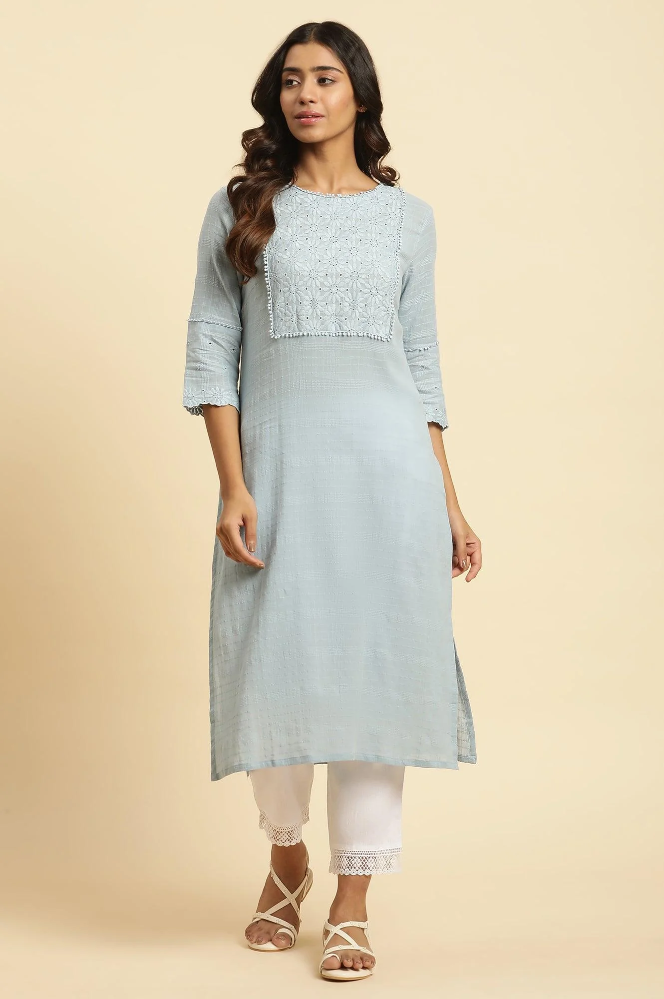 Blue Cotton Texture Schiffli Kurta - Image 2