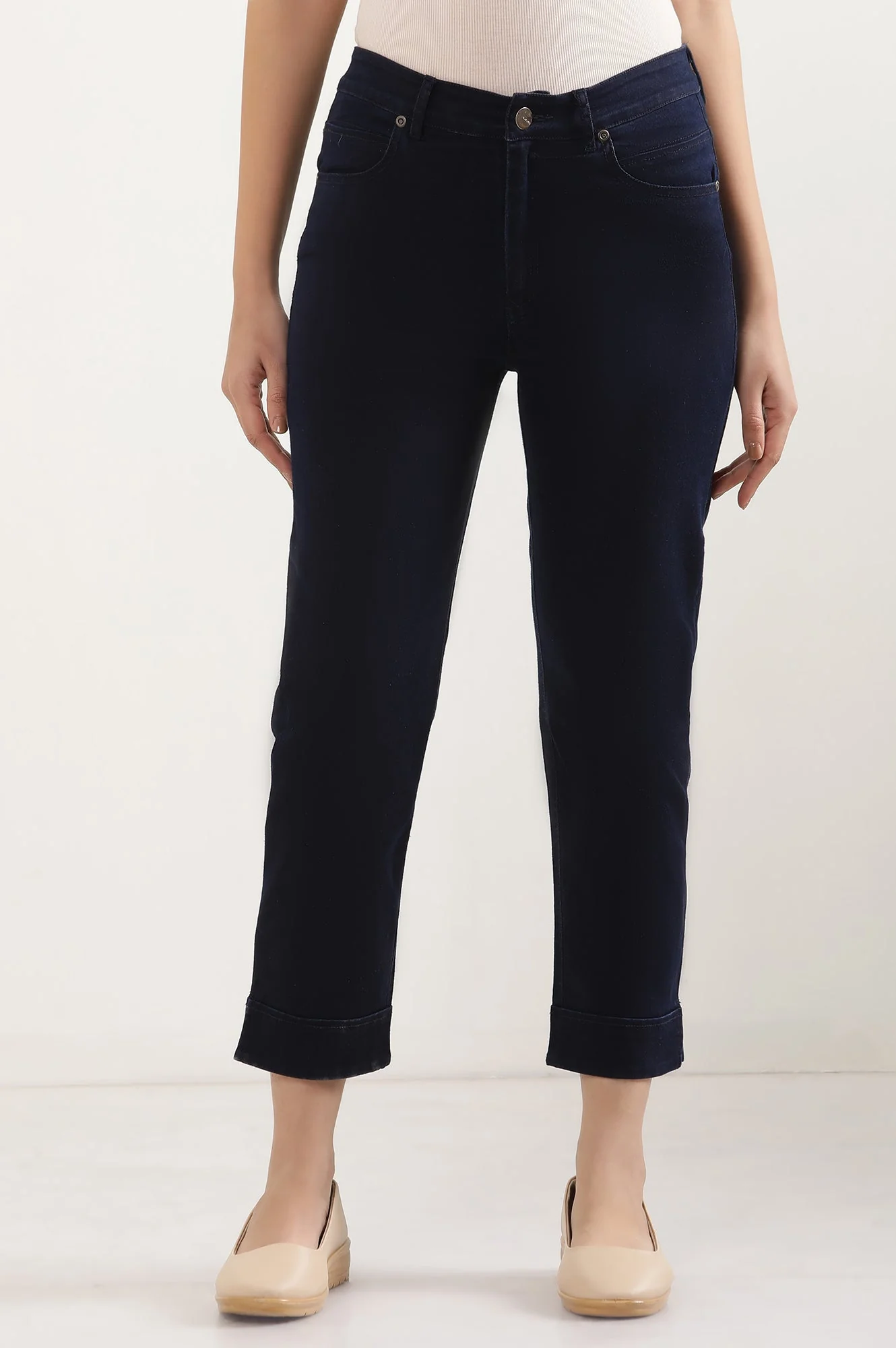 Navy Blue Solid Straight-fit Denim Pants with Side Slit - Image 2