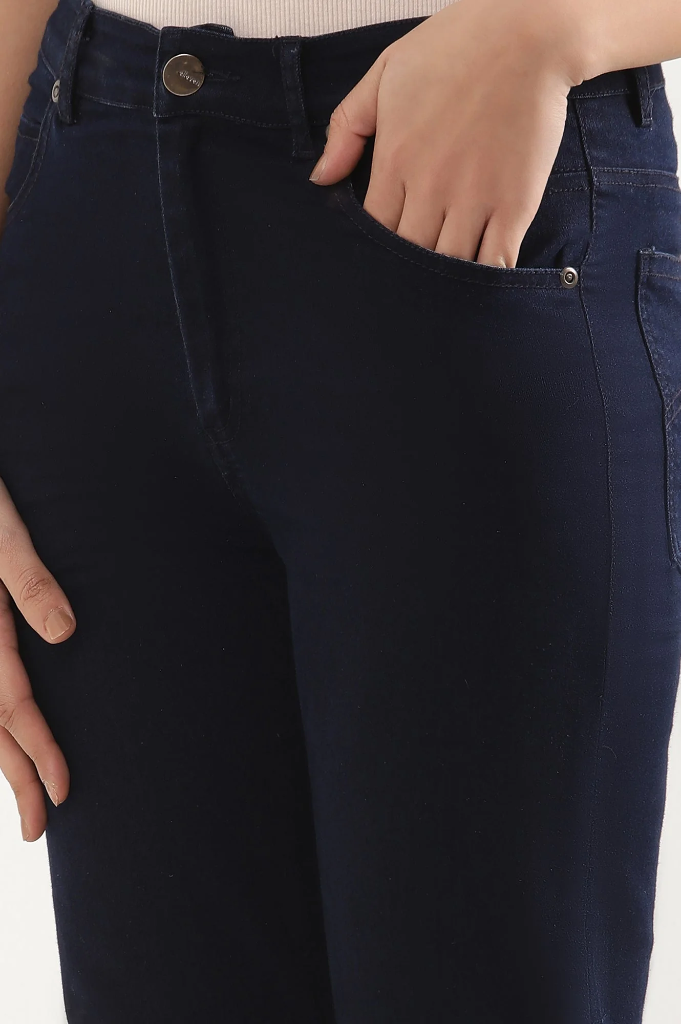 Navy Blue Solid Straight-fit Denim Pants with Side Slit - Image 7