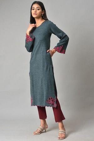 Blue Cutout Embroidered Plus Size Winter Kurta - Image 3