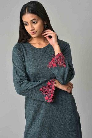 Blue Cutout Embroidered Plus Size Winter Kurta - Image 5