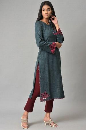 Blue Cutout Embroidered Winter kurta - Image 4