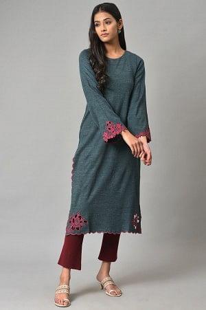 Blue Cutout Embroidered Winter kurta - Image 6