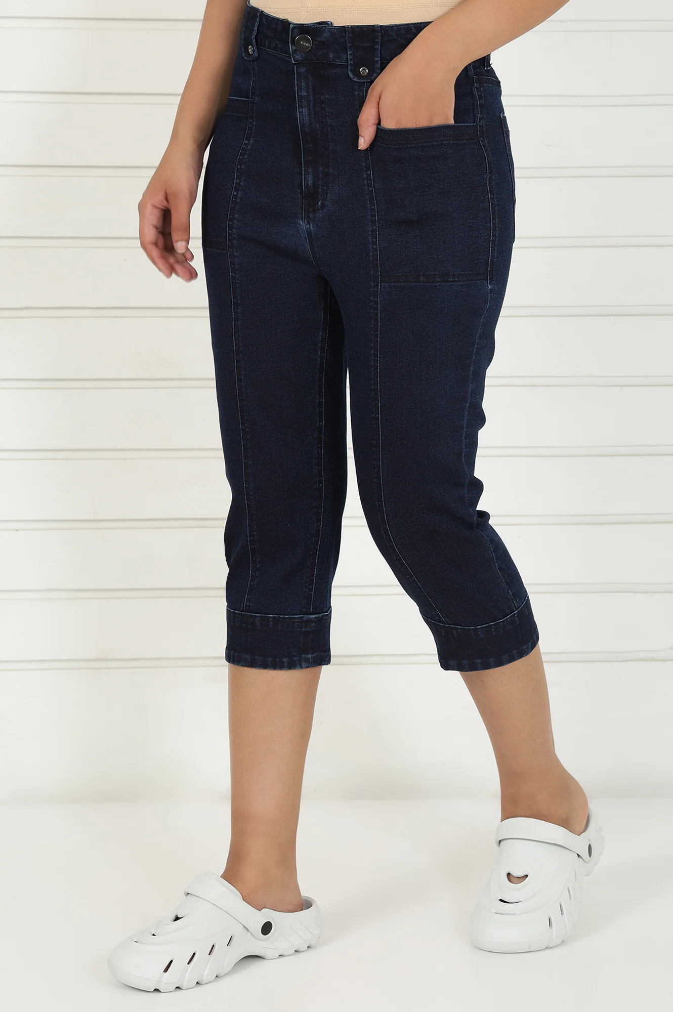 Blue Denim Lycra Mid Rise Calf Length Capri with YKK Zipper - Image 3
