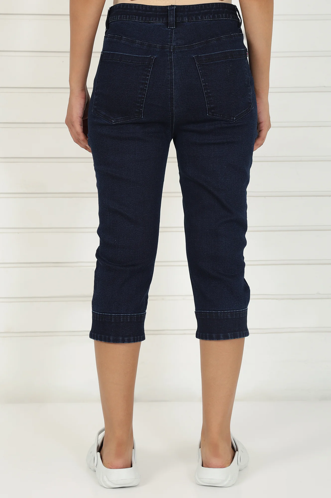 Blue Denim Lycra Mid Rise Calf Length Capri with YKK Zipper - Image 4