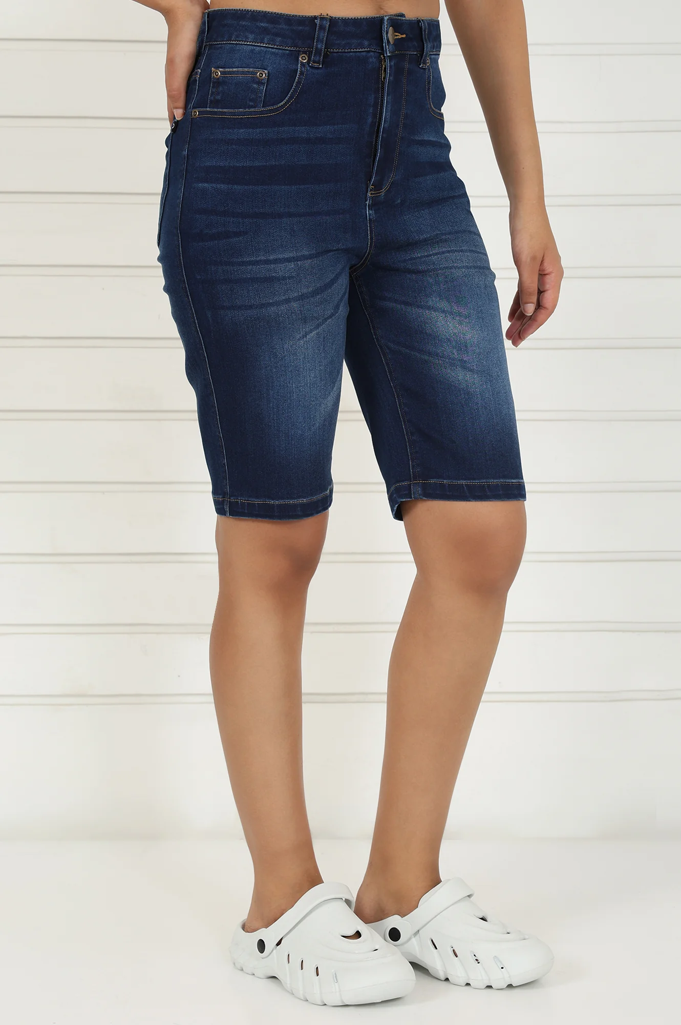 Blue Denim Lycra Mid Rise Mid Thigh Length Shorts with YKK Zipper - Image 5
