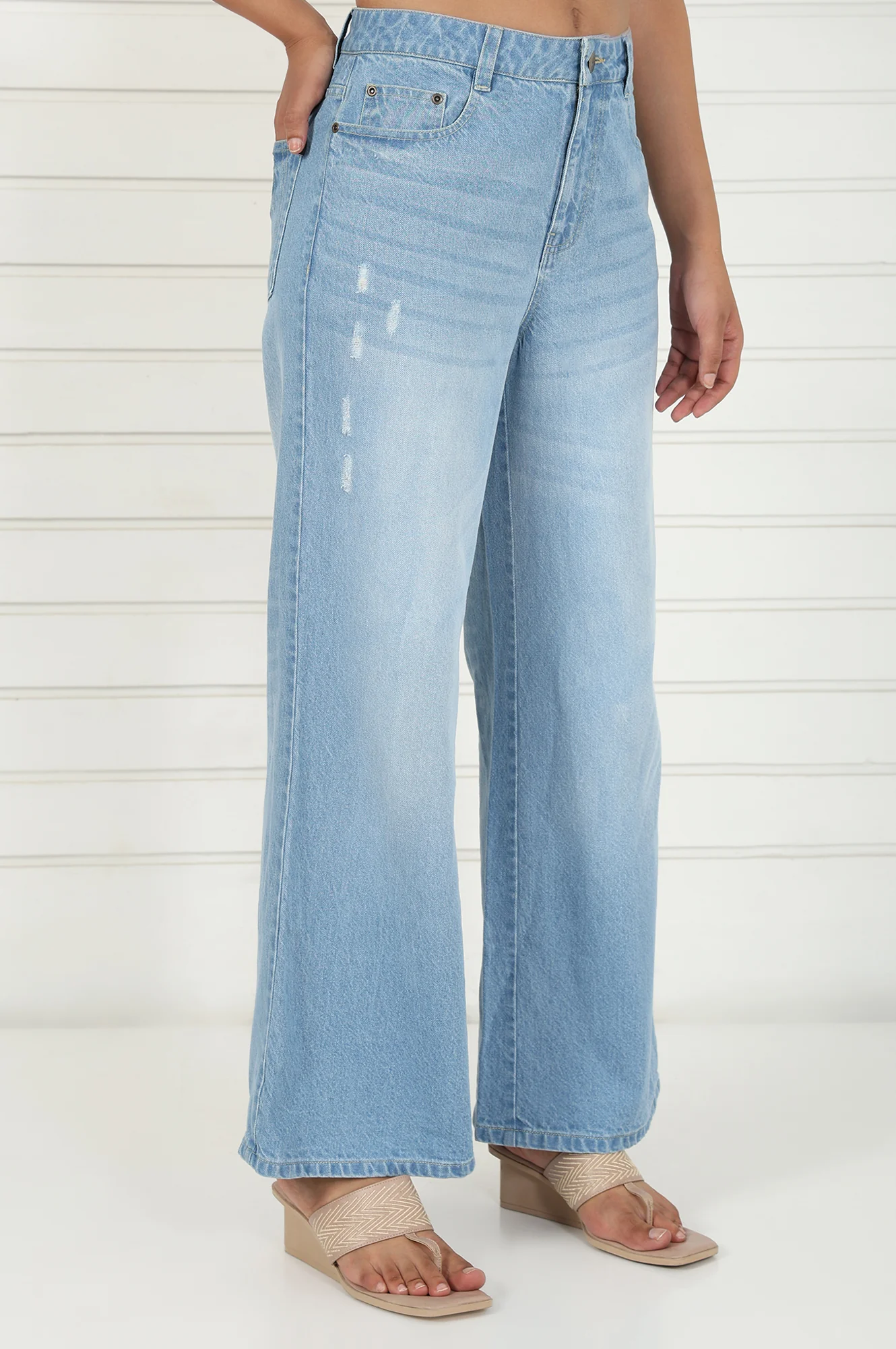 Blue Denim Mid Rise Ankle Length Flared Pants with YKK Zipper - Image 5