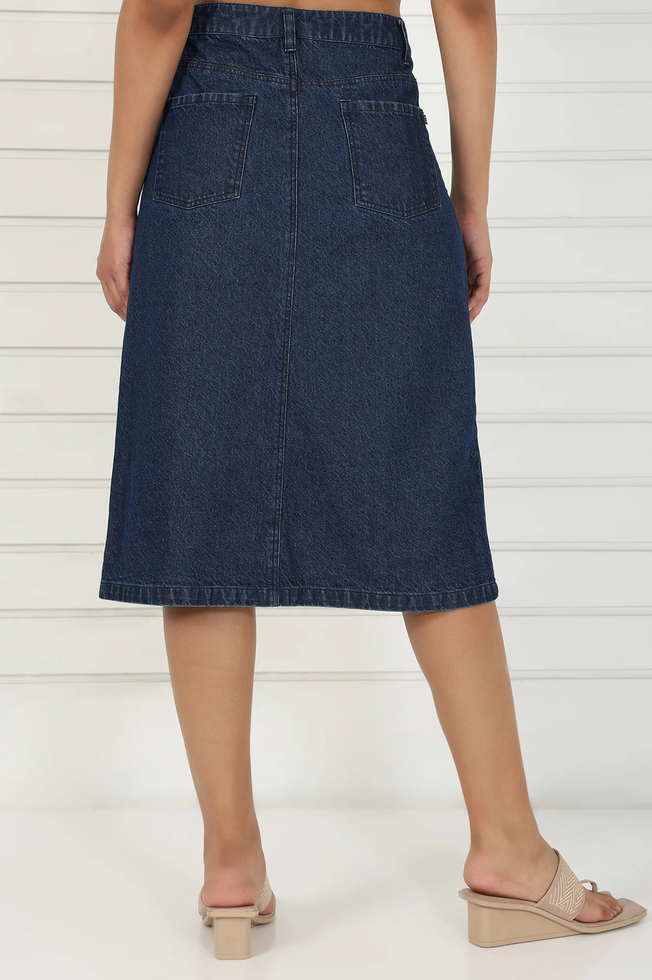 Blue Denim Mid Rise Calf Length Skirt with YKK Zipper - Image 4