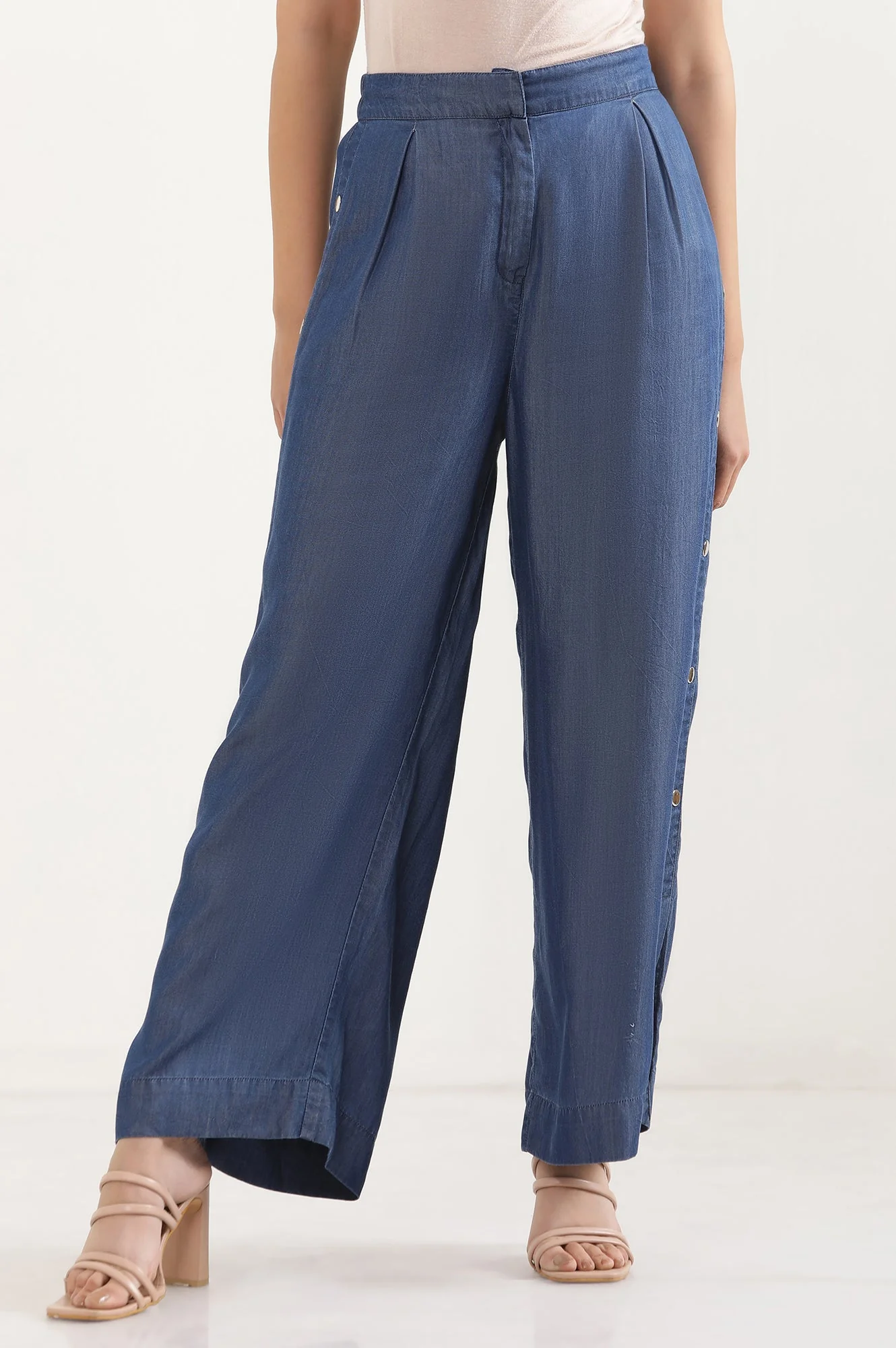 Blue Solid Wide Leg Denim Palazzo With Side Buttons - Image 2