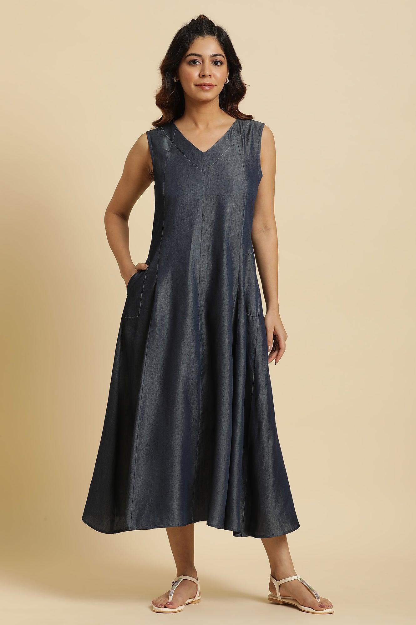 Blue Denim Sleeveless Flowy Dress - Image 2