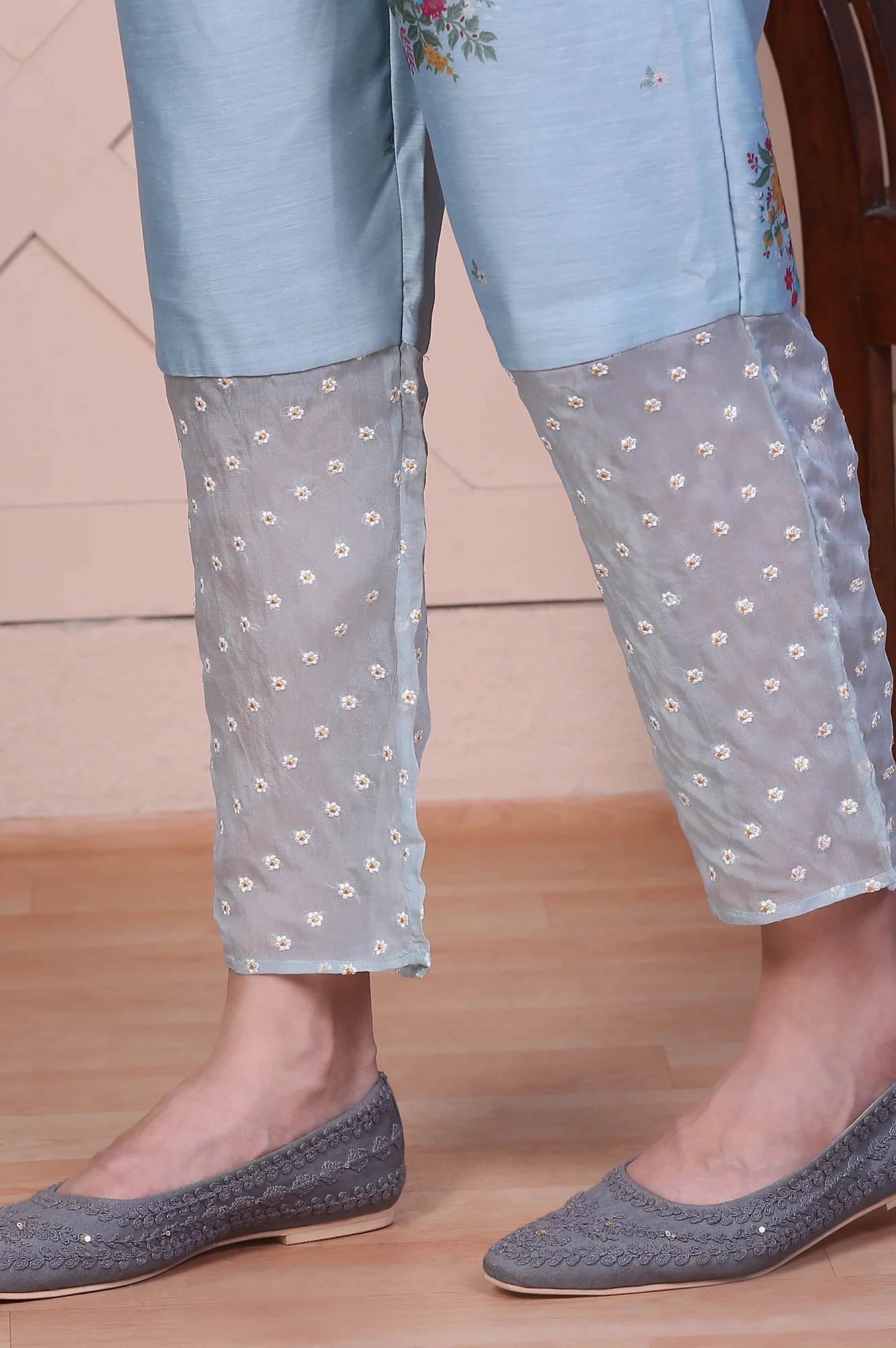 Blue Dori Embroidery Flared Organza Kurta, Pants and Dupatta Set - Image 10