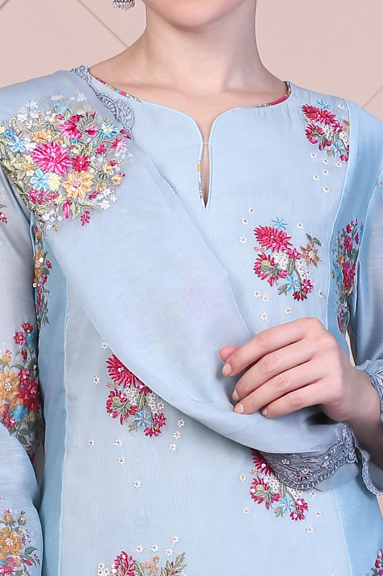 Blue Dori Embroidery Flared Organza Kurta, Pants and Dupatta Set - Image 5