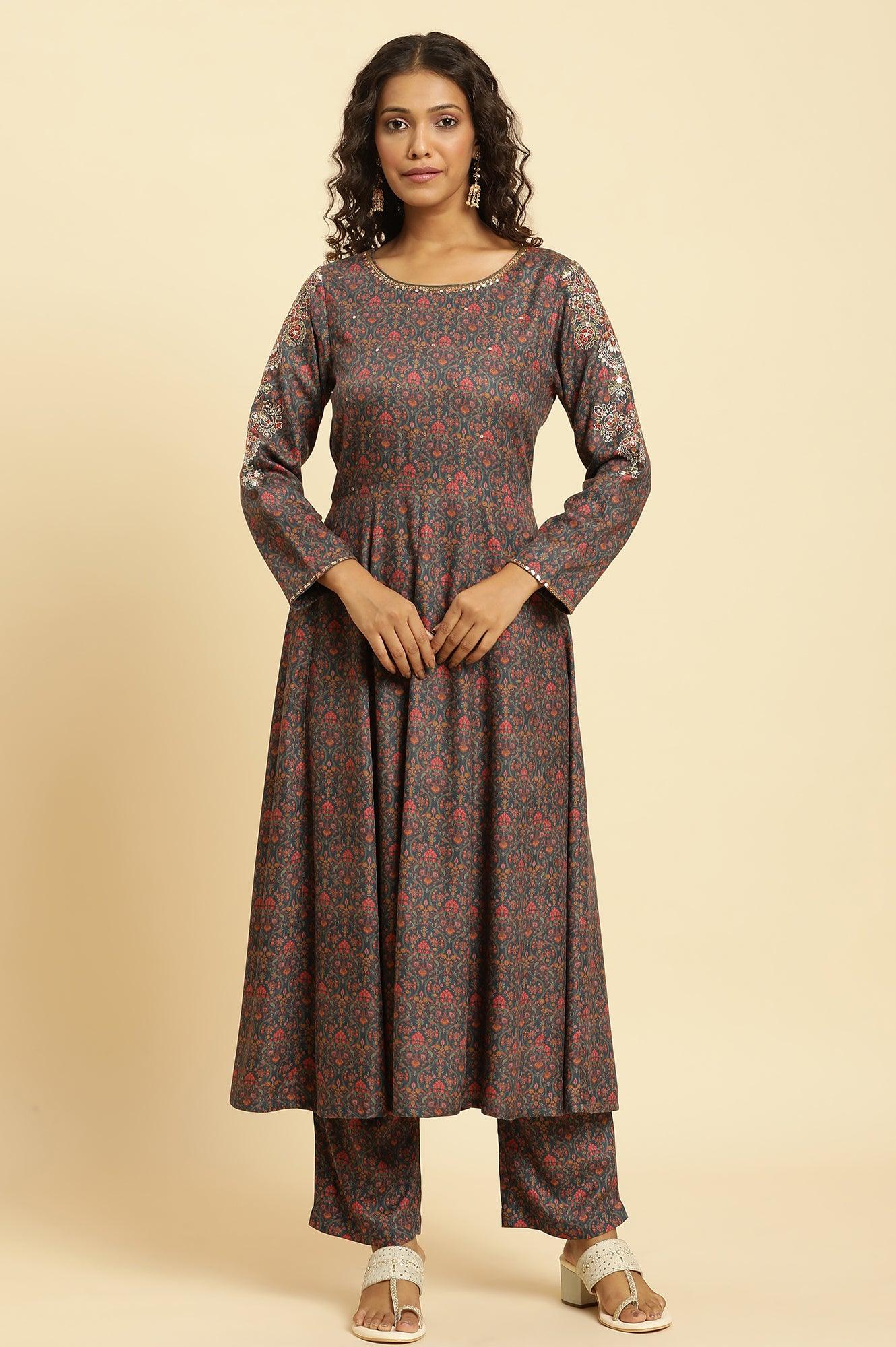Blue Embellished Flared Kurta And Pants Set - Image 2