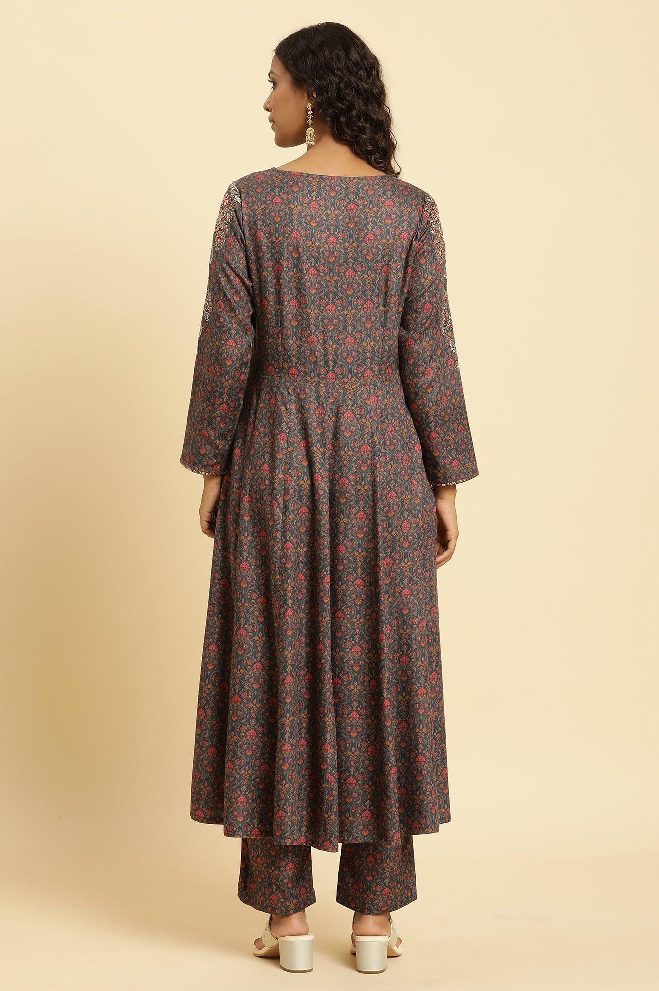 Blue Embellished Flared Kurta And Pants Set - Image 4