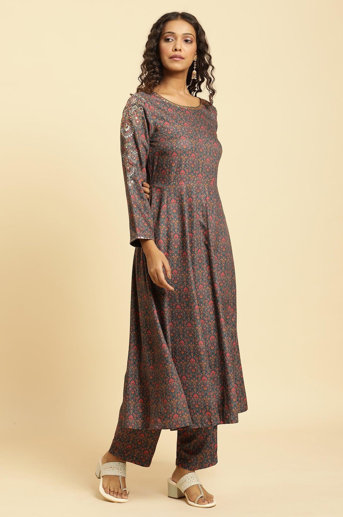Blue Embellished Flared Kurta And Pants Set - Image 5