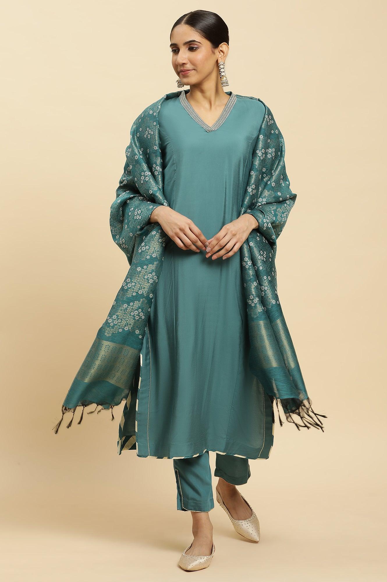 Blue Embellished Kurta, Pants And Jacquard Dupatta Set - Image 3
