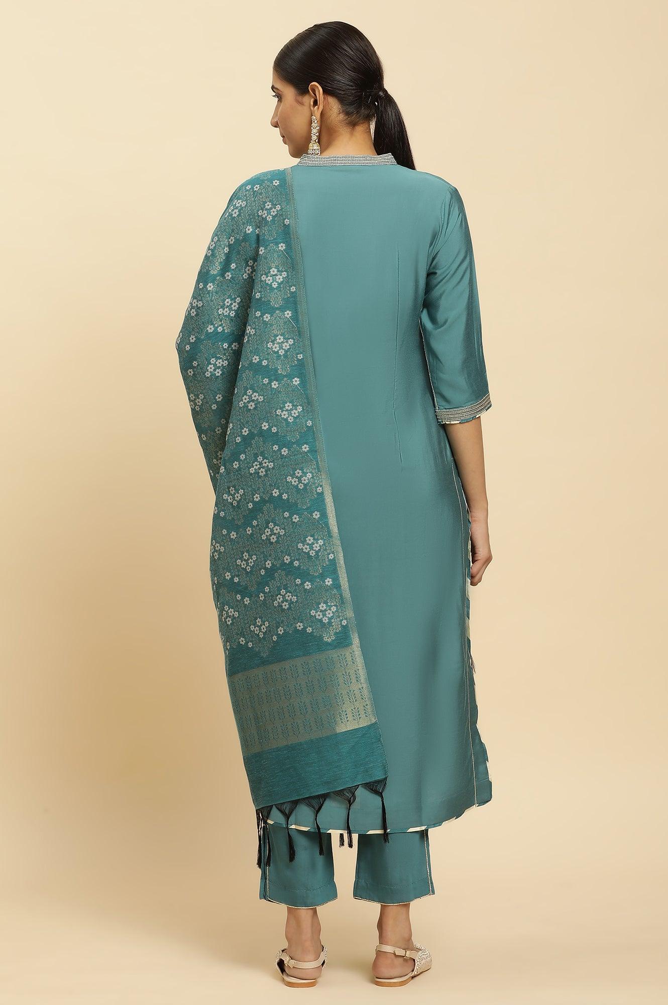 Blue Embellished Kurta, Pants And Jacquard Dupatta Set - Image 5