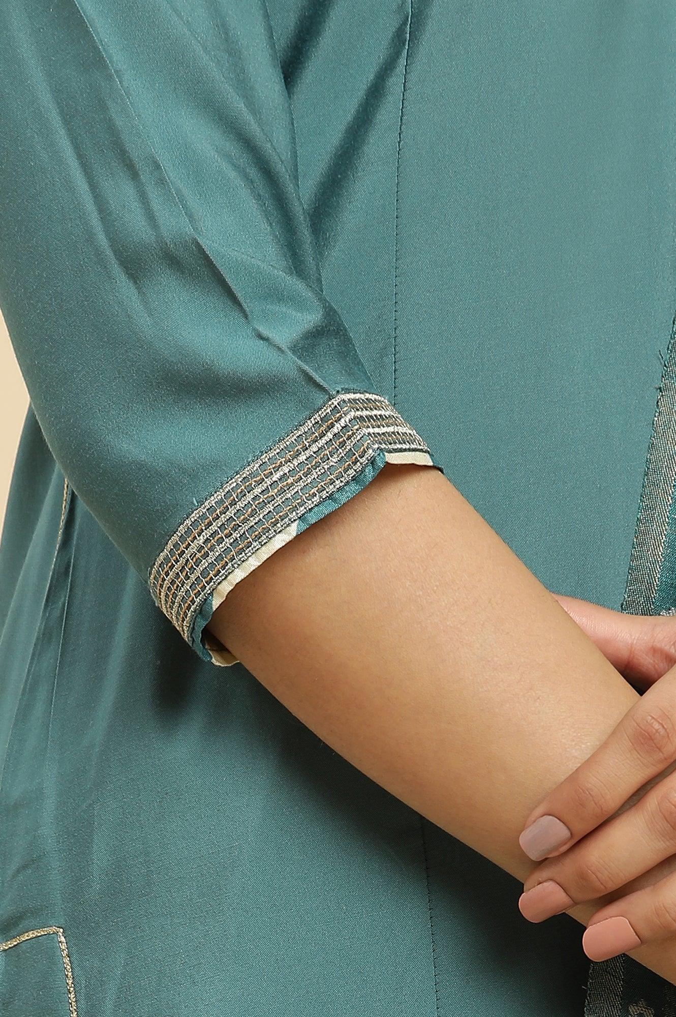 Blue Embellished Kurta, Pants And Jacquard Dupatta Set - Image 8