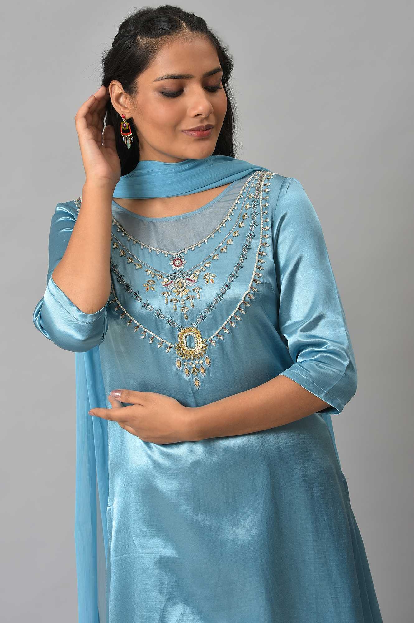 Blue Embellished Mashroo Silk kurta With Garara And Dupatta - Image 5