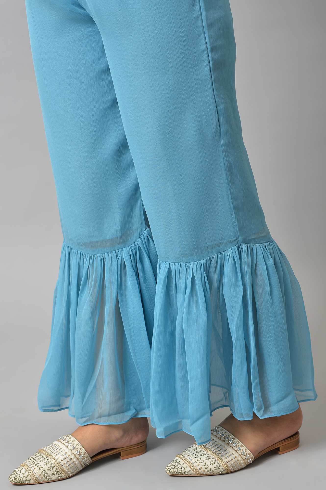 Blue Embellished Mashroo Silk kurta With Garara And Dupatta - Image 8