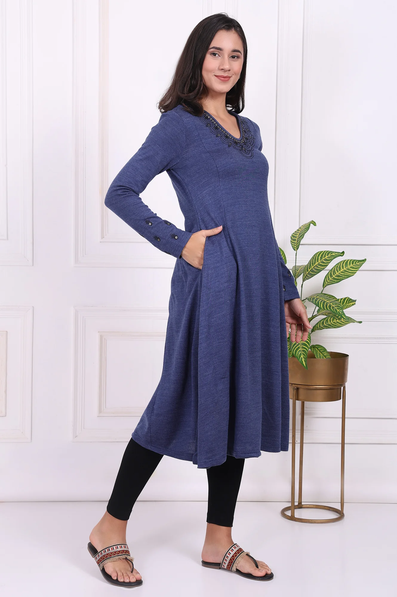 Blue Embroidered Acrylic Flared Kurta - Image 6