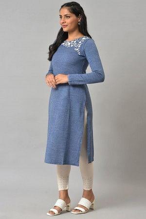 Blue Embroidered Asymmetrical Winter kurta - Image 3