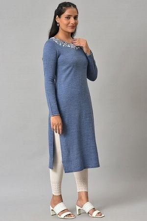 Blue Embroidered Asymmetrical Winter kurta - Image 4