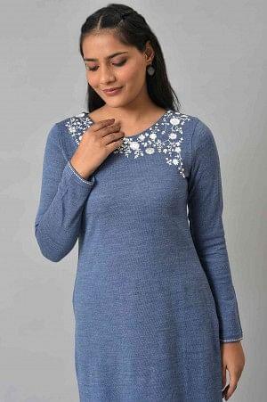 Blue Embroidered Asymmetrical Winter kurta - Image 5